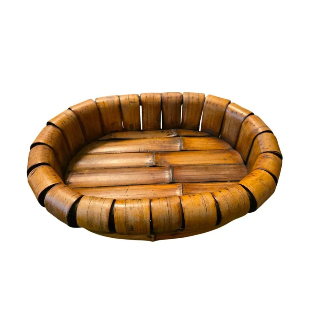 Vintage Mid Century Italian Rattan Bamboo & Wood Center Piece Basket